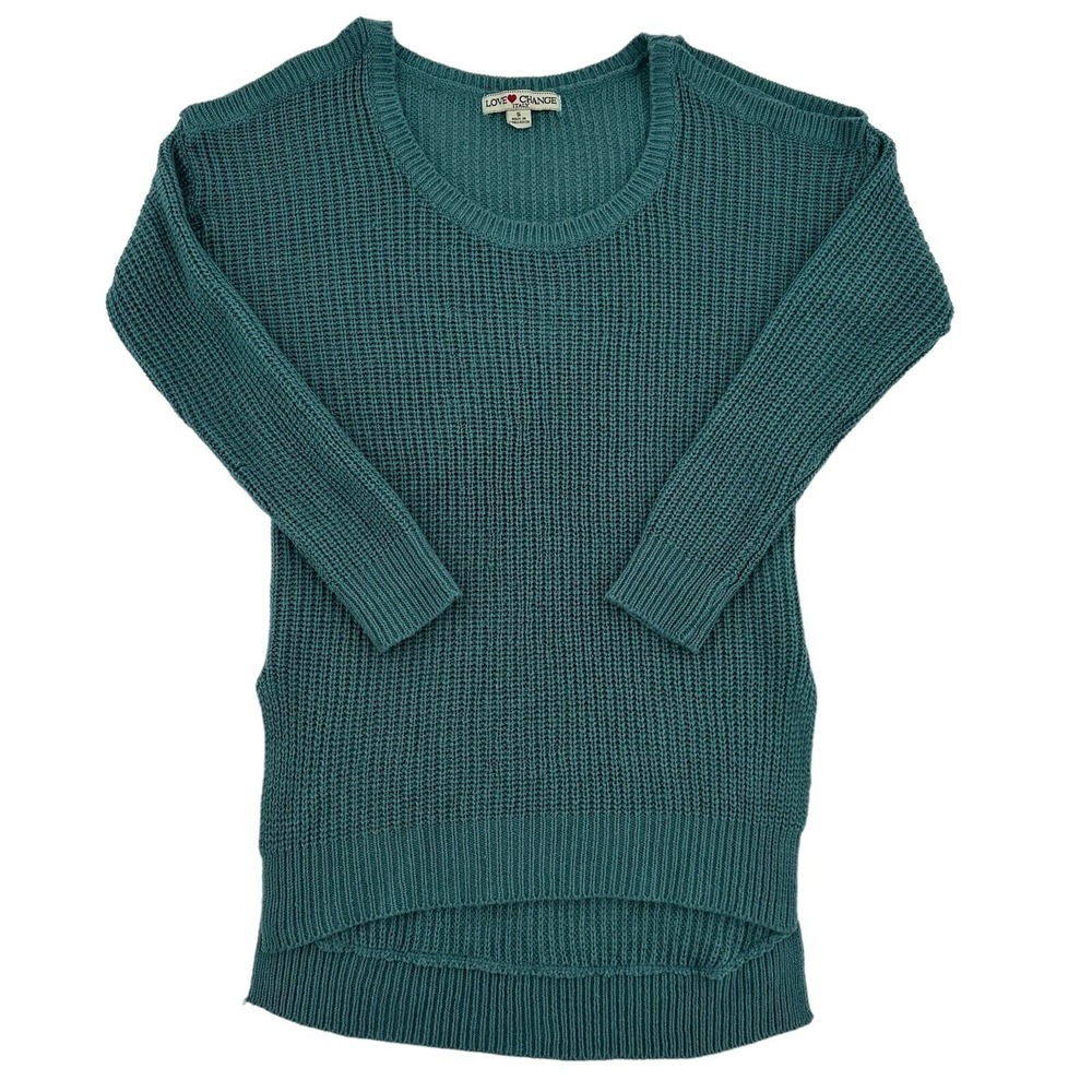 Love Change Italy Teal Green Cold Shoulder Waffle Knit Sweater Cozy Women Small